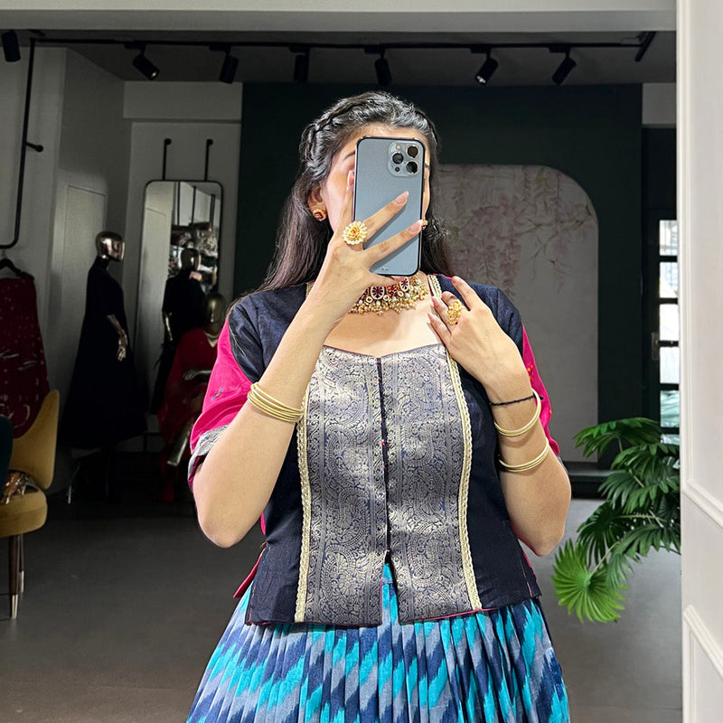 Firozi Color Leheriya Print With Zari Weaving Work Tasar Silk Co-Ord Set