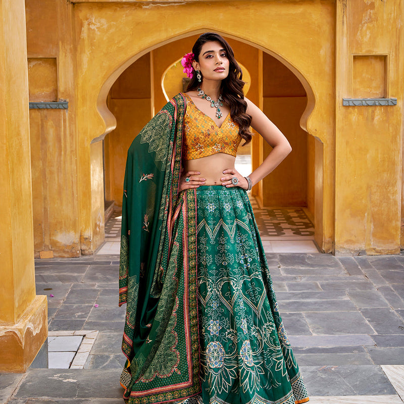 Bottle Green Color Printed With Beads Work Lehenga