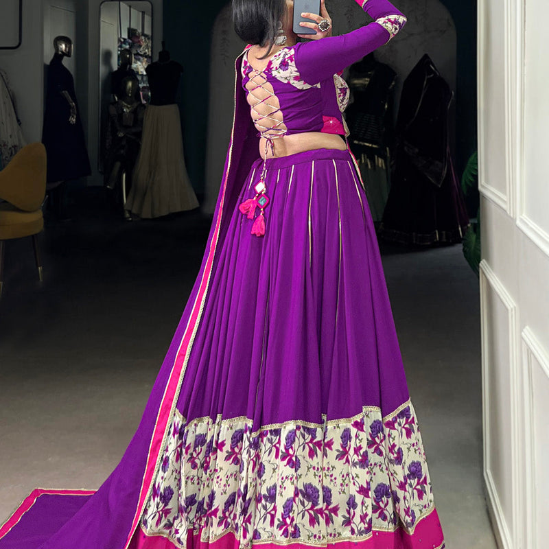 Purple Color Printed And Original Mirror Lace Border Rayon Lehenga Choli