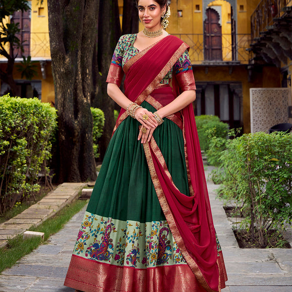 Green Color Printed With Zari Weaving Work Astha Silk Lehenga Choli