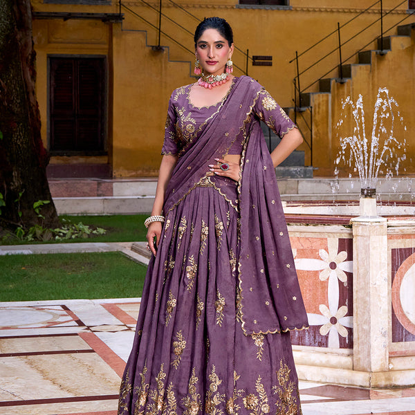 Lavender Color Sequince And Thread Embroidery Work Chocolate Crush Lehenga Choli