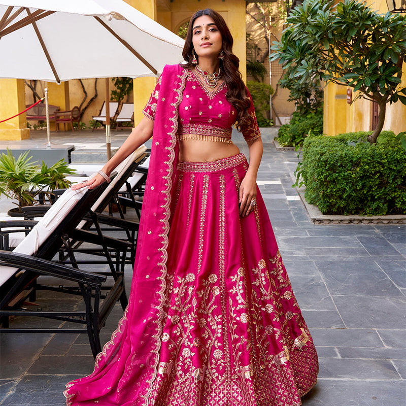 Rani Pink color Sequince And Thread Embroidery Work Natural Silk Lehenga Choli