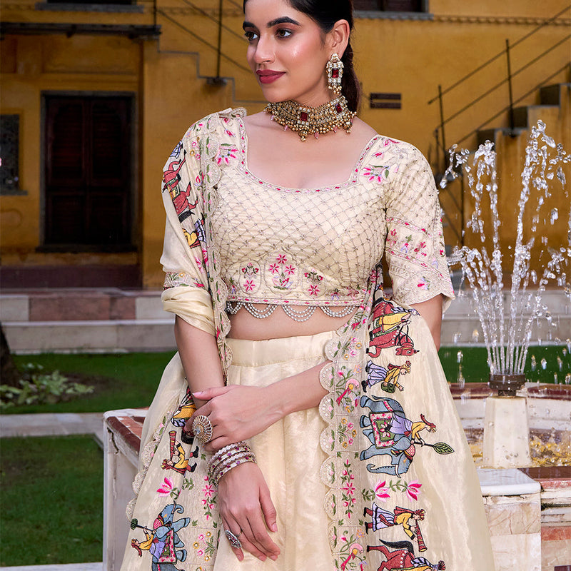 Cream Color Sequince And Thread Embroidery Work Raspberry Lehenga Choli