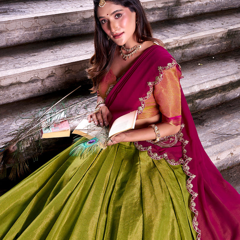Rani Pink Color Sequince And Thread Embroidery Work Kanchipuram Lehenga Choli