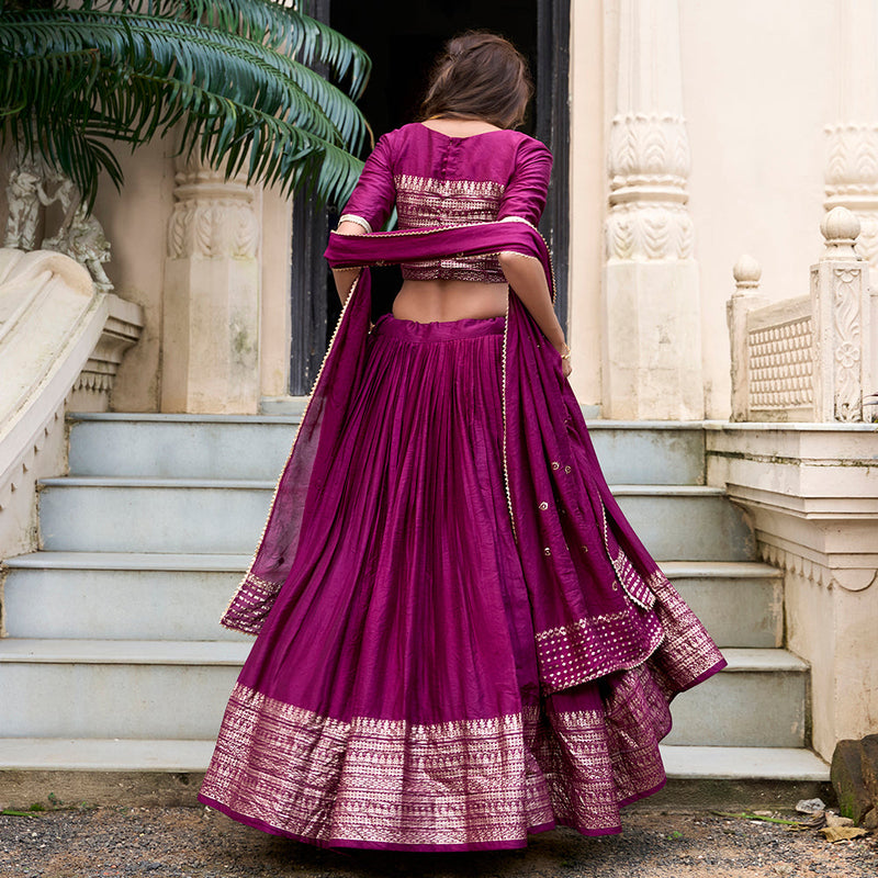 Wine Color Plain With Zari Weaving Work Chanderi Lehenga Choli