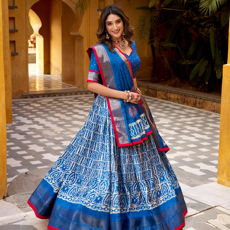 Blue Color Batik Printed Dola Silk Lehenga