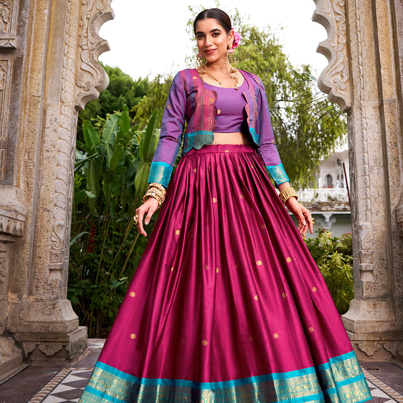 Pink Color Zari Weaving Work Poly Cotton Lehenga Choli