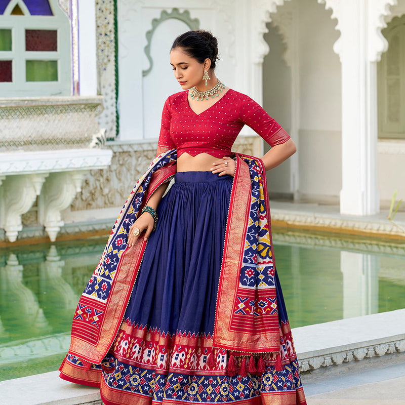 Navy Blue Color Ikkat Patola Print With Foil Work Tasar Silk Lehenga Choli