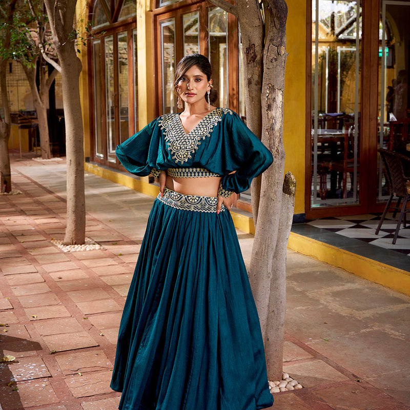 Peacock Blue Color Thread Embroidery Vichitra Silk Co-ord Set