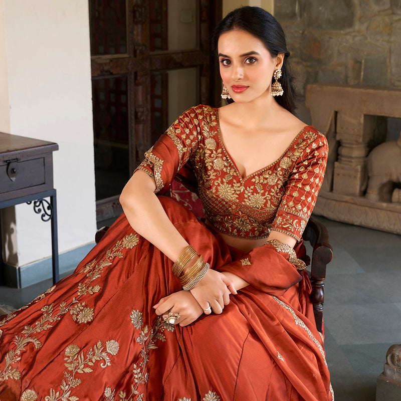 Rust Orange Color Sequins And Thread Embroidery Work Rangoli Silk Lehenga Choli