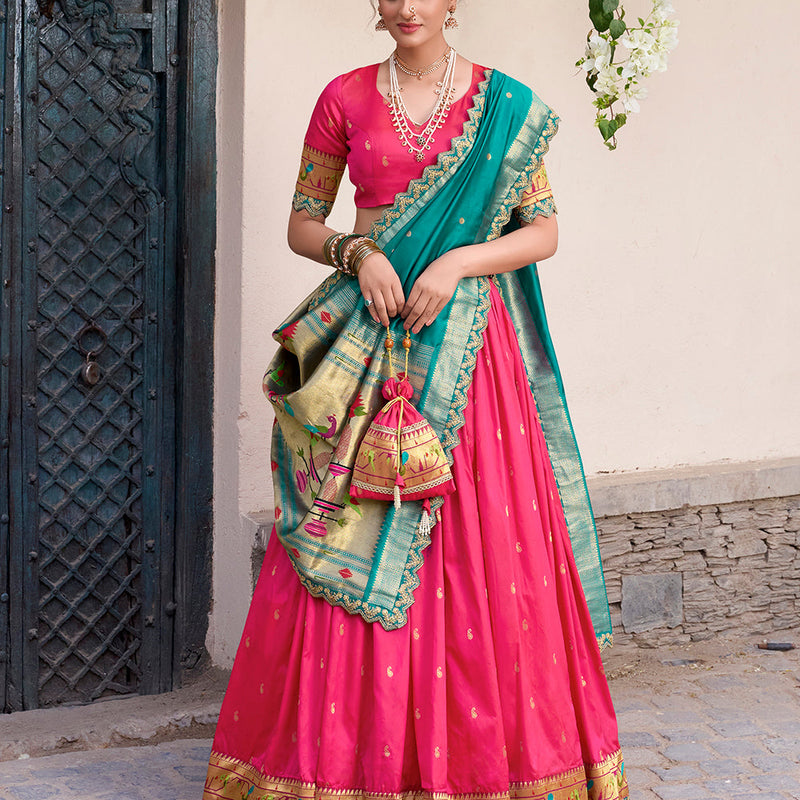 Pink Color Zari Weaving Work Jacquard Silk (Paithani) Lehenga Choli