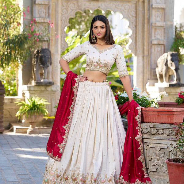 Off white Color Sequins And Thread Embroidery Work Vichitra Silk Lehenga Choli