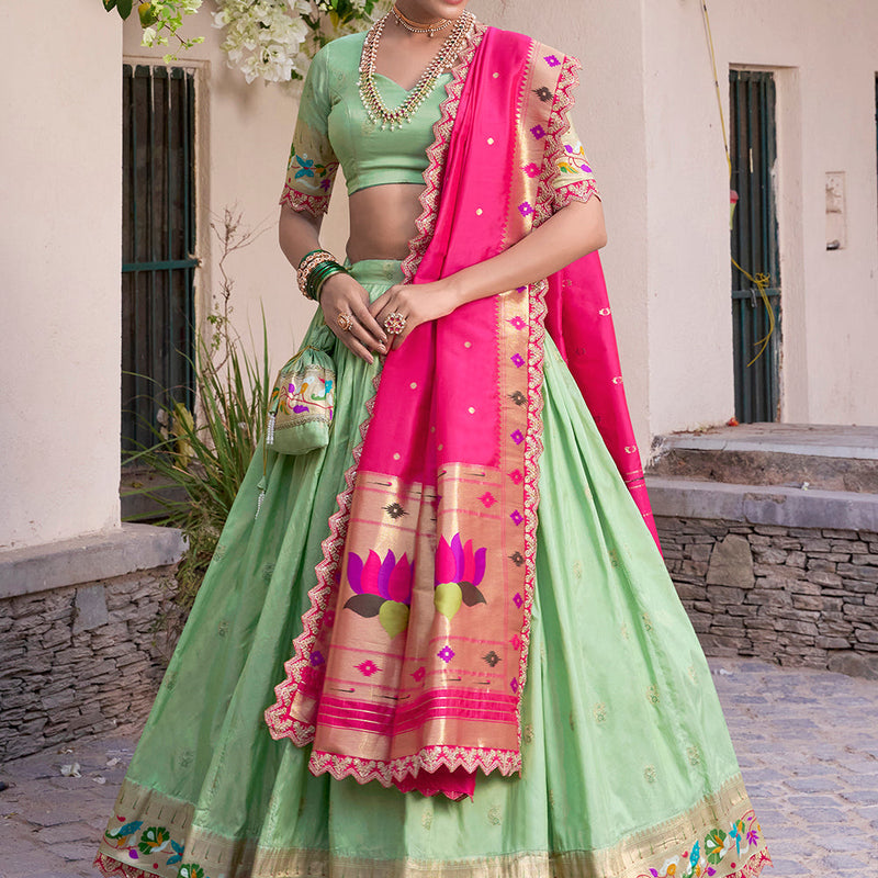 Pista Color Zari Weaving Work Jacquard Silk (Paithani) Lehenga Choli