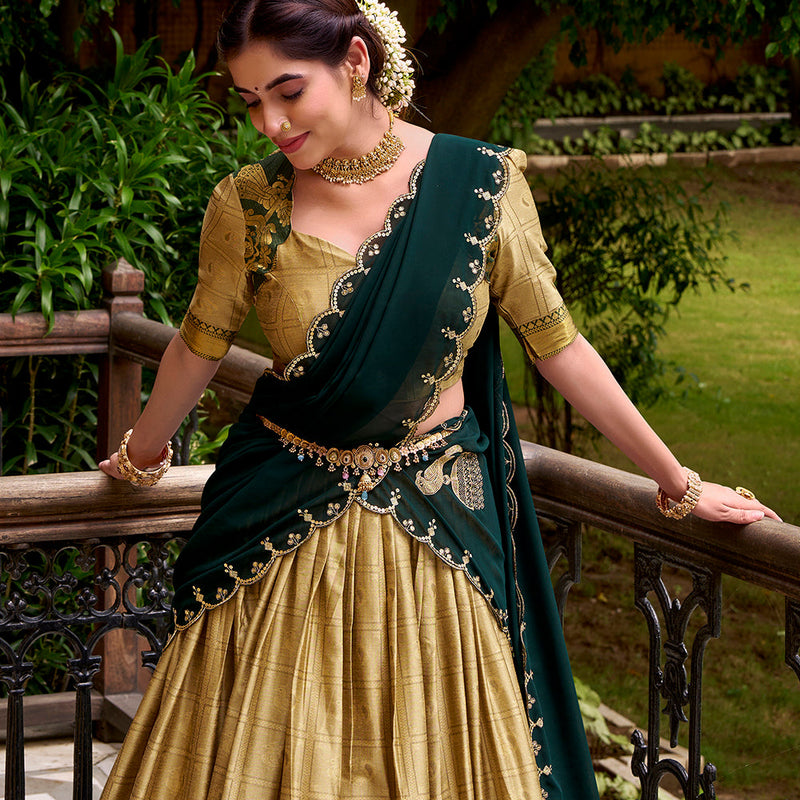 Cream Color Zari Weaving Work Poly Cotton Lehenga Choli