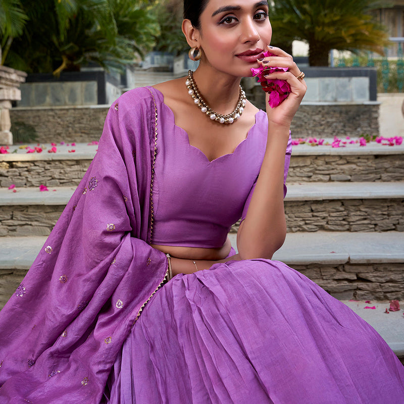 Purple Color Plain With Zari Weaving Work Border Chanderi Traditional Wear Lehenga Choli