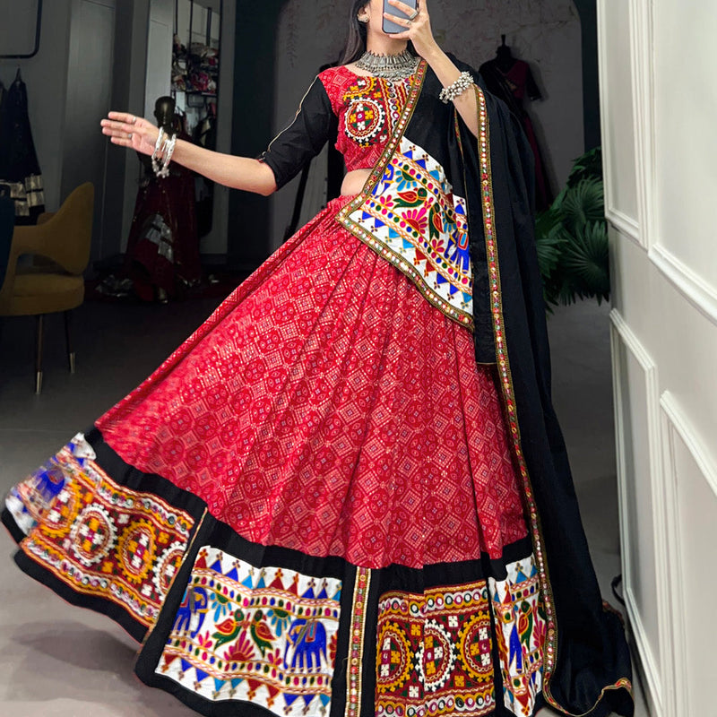 Red Color Printed And Gamthi Work With Mirror Work Cotton Chaniya Choli