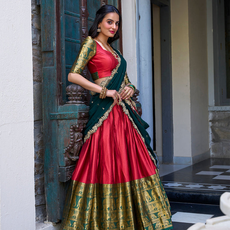 Red Color Zari Weaving Work Narayan Pattu Lehenga Choli