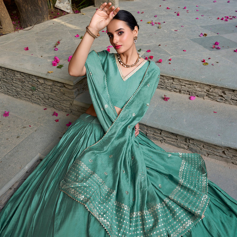 See Green Color Plain With Zari Weaving Work Border Chanderi Wedding Lehenga Choli