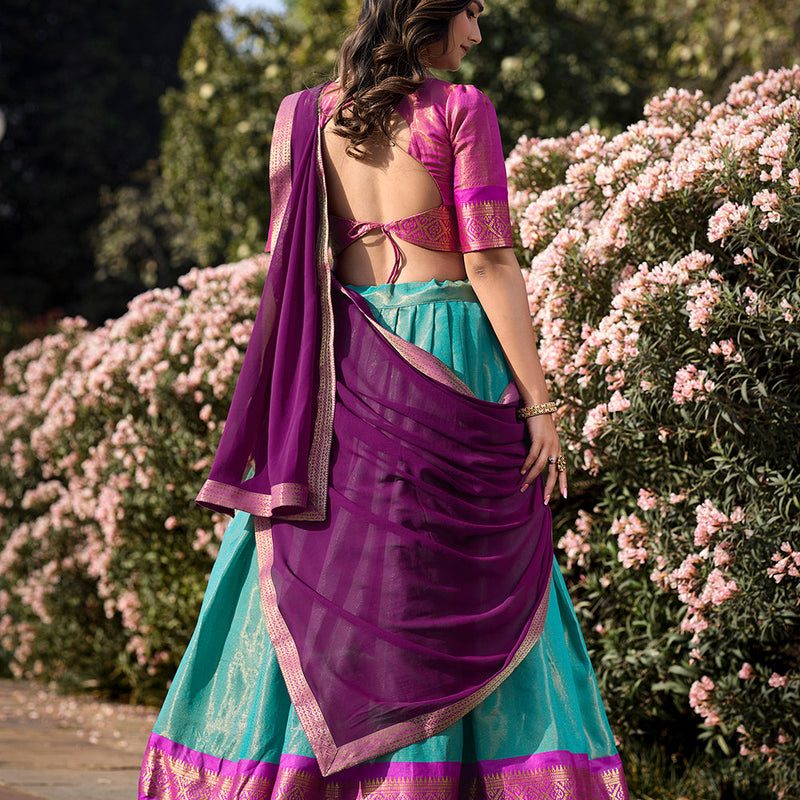 Sky Blue Color Zari Weaving Work Kanchipuram Women Lehenga Choli