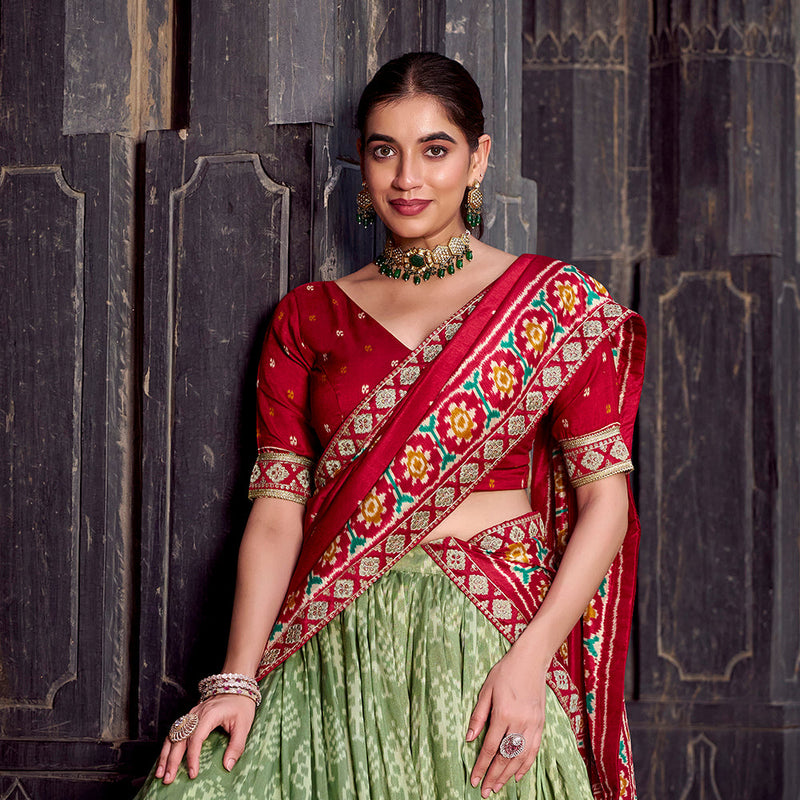 See Green Color Ikkat Patola Printed Tasar Silk Lehenga Choli