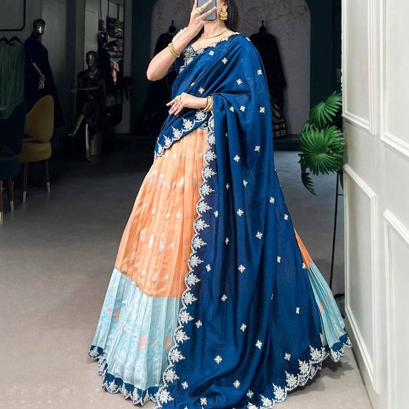 Orange Color Zari Weaving Work Sequins And Embroidery Border With Zari Kota Wedding Wear