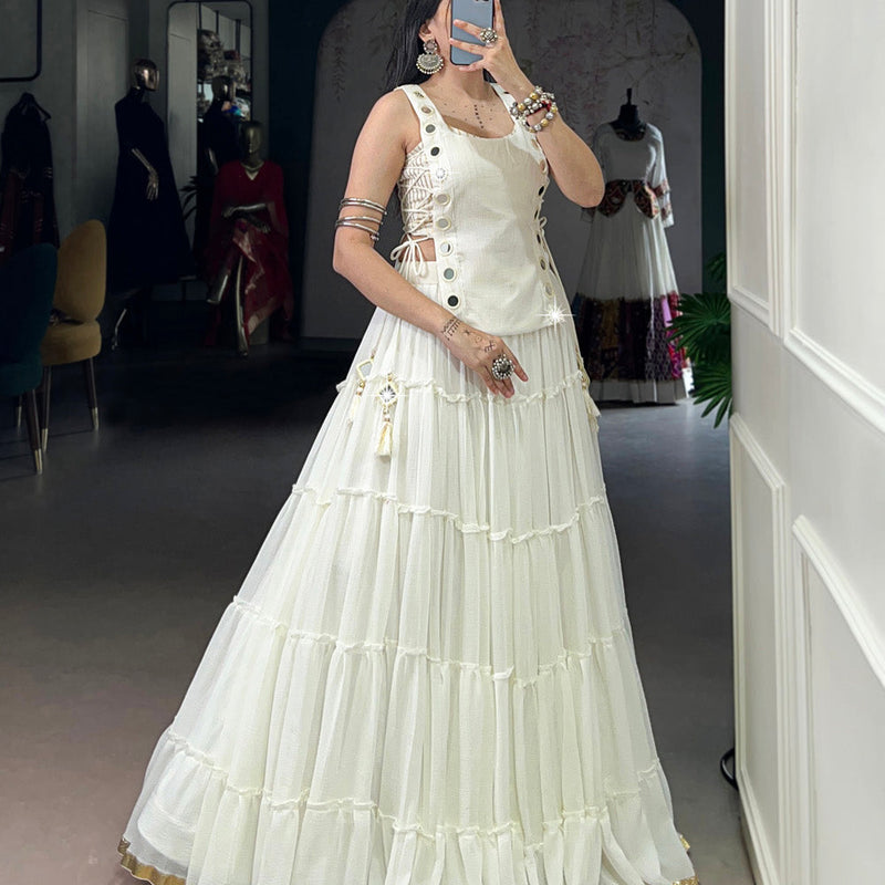 White Color Embossed Design Lace Border Marbel Chaniya Choli