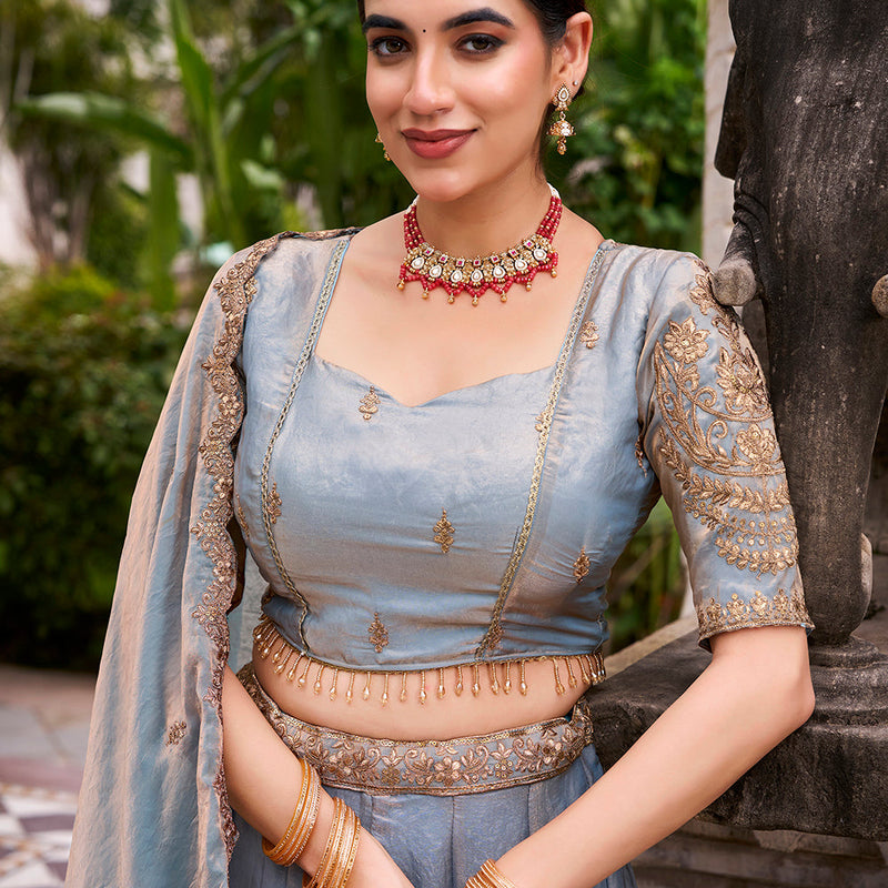 Sky Blue Color Sequins And Thread Embroidery Work Belt Fendi Lehenga Choli