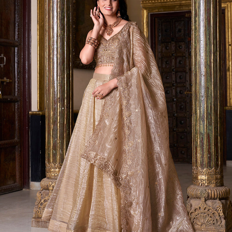 Chiku Color Sequins And Embroidery Work With Gold Crush Lehenga Choli