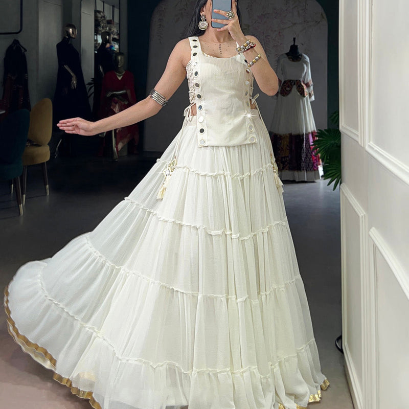 White Color Embossed Design Lace Border Marbel Chaniya Choli