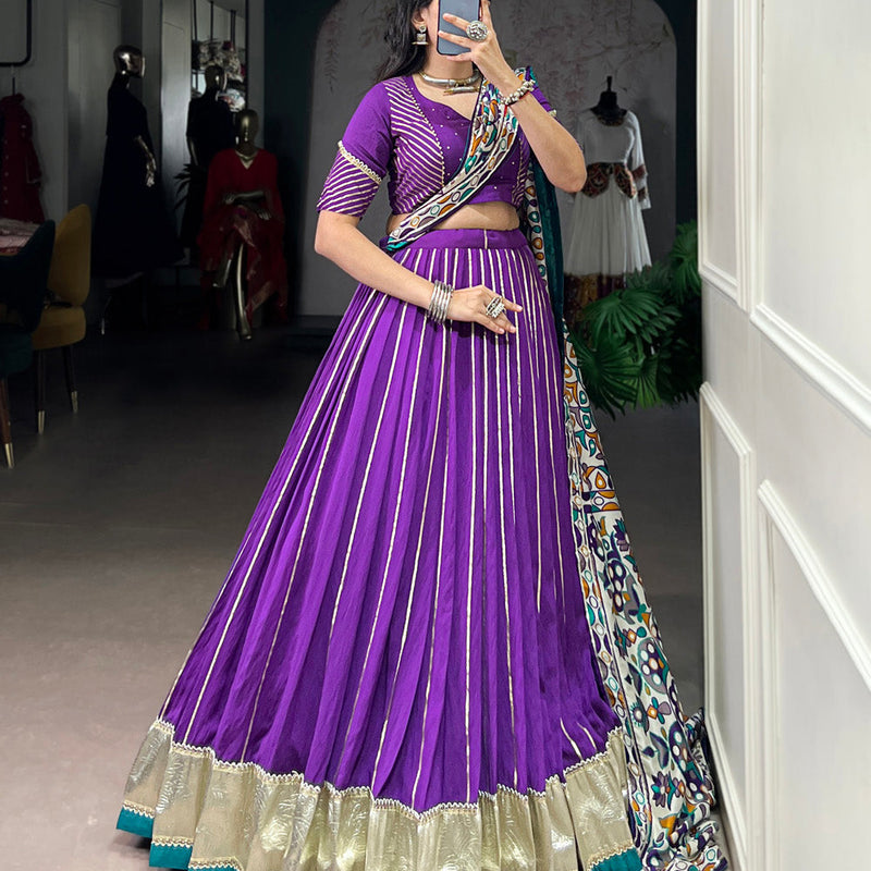 Purple Color Zari Weaving Work With Embossed Design Chanderi Lehenga Choli
