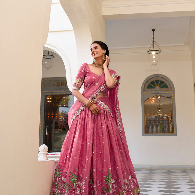 Pink Color Sequins and Thread Embroidery Work Gold Crush Lehenga Choli
