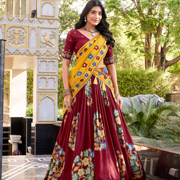 Maroon Color Printed And Foil Work Tussar Silk Lehenga Choli