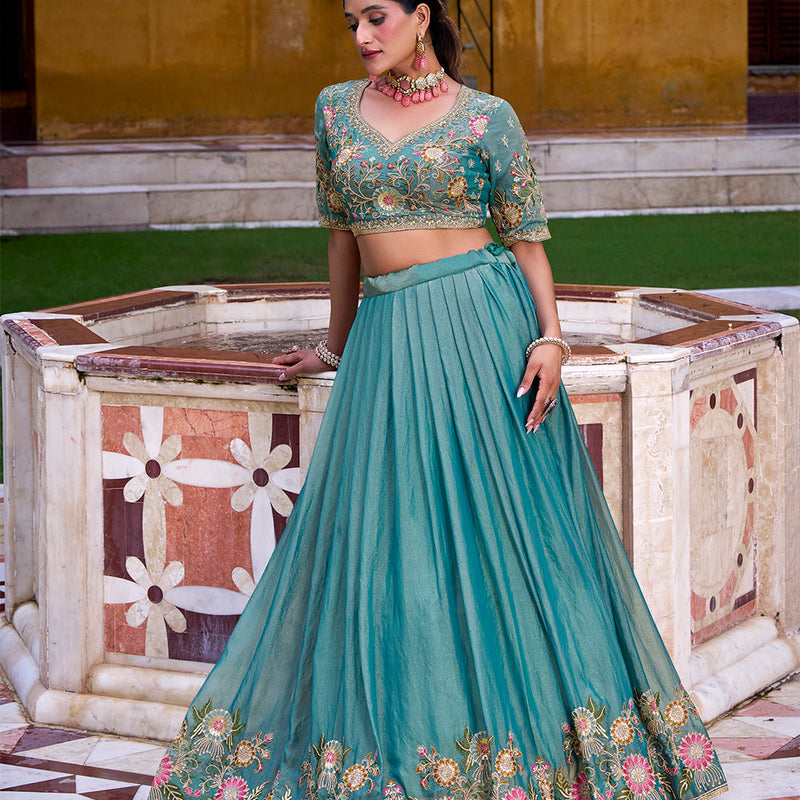 Sky Blue Color Sequince And Thread Embroidery Work Zari Shimmer Lehenga Choli