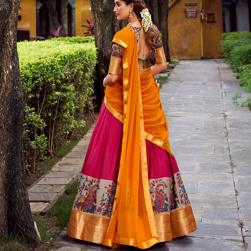 Pink Color Printed With Zari Weaving Work Astha Silk Lehenga Choli