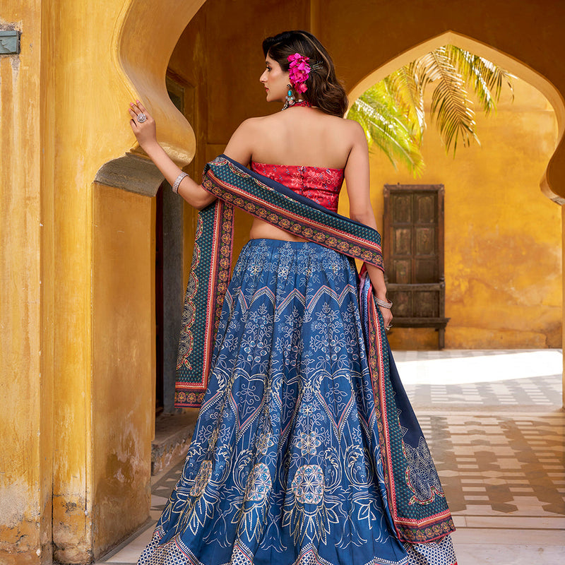 Blue Color Printed With Beads Work Lehenga