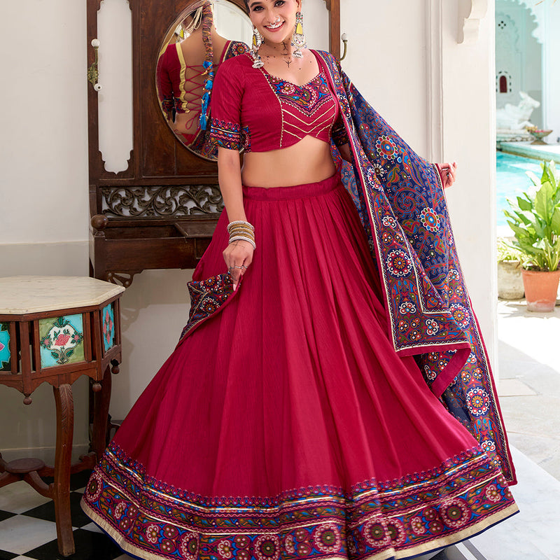 Pink Color Gamthi Print And Embossed Design Tasar Silk Lehenga Choli