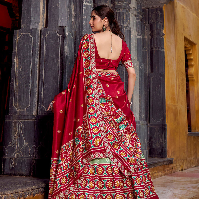 See Green Color Ikkat Patola Printed Tasar Silk Lehenga Choli