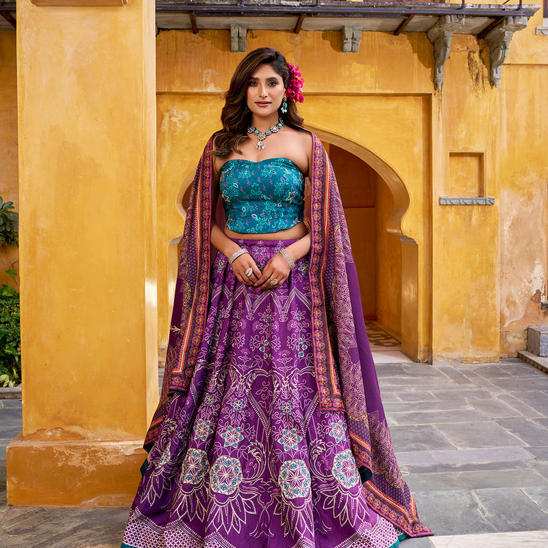 Purple Color Printed With Beads Work Lehenga