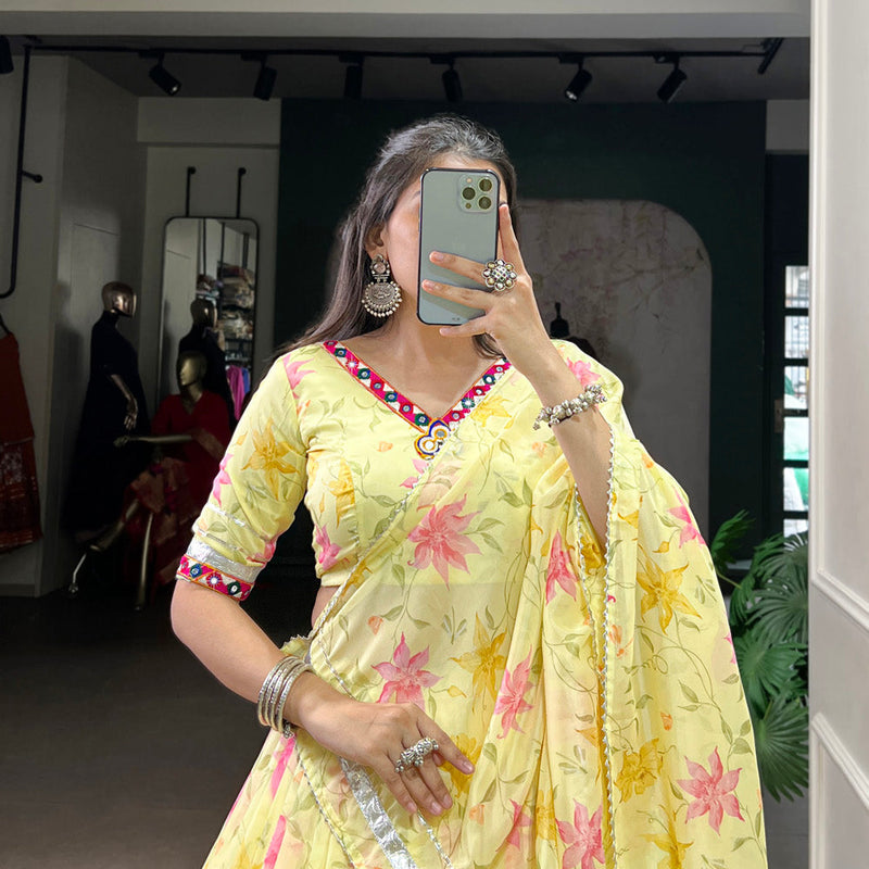 Yellow Color Floral Print With Embossed Design Tabby Silk Chaniya Choli