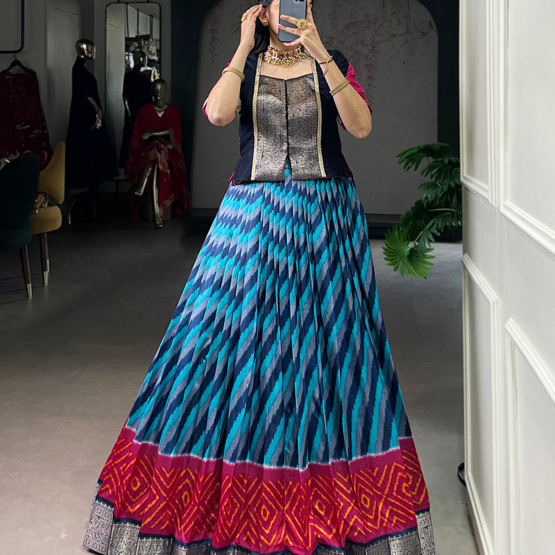 Firozi Color Leheriya Print With Zari Weaving Work Tasar Silk Co-Ord Set