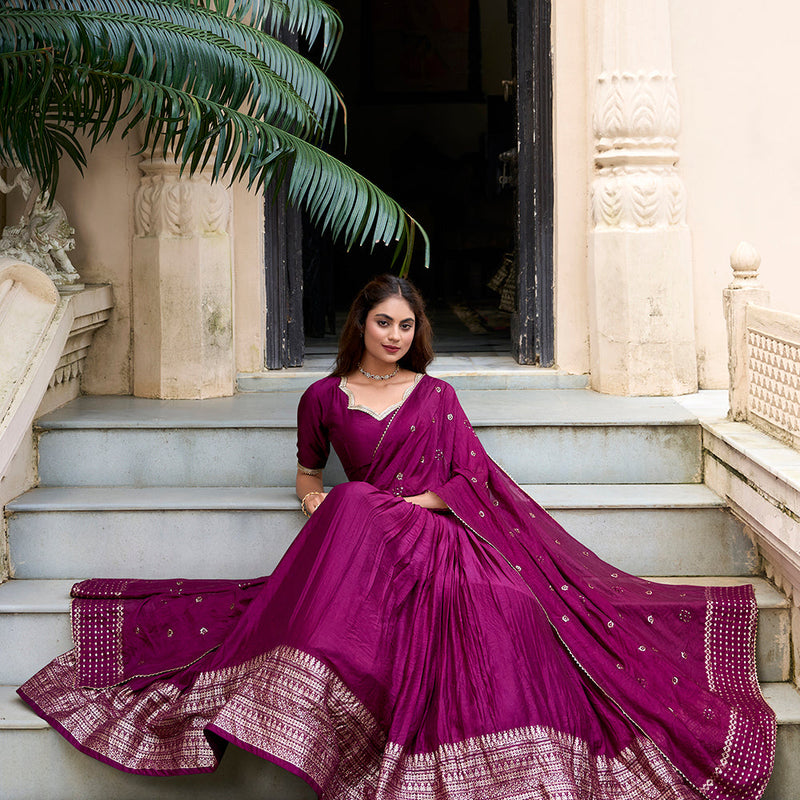 Wine Color Plain With Zari Weaving Work Chanderi Lehenga Choli