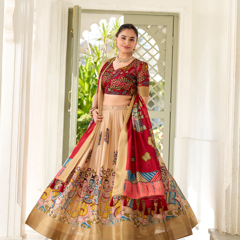 Cream Color Kalamkari Print With Weaving Border Dola Silk Lehenga Choli