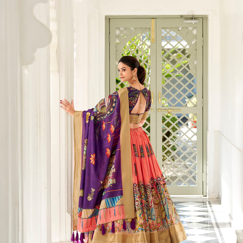 Peach Color Kalamkari Print With Weaving Border Dola Silk Lehenga Choli