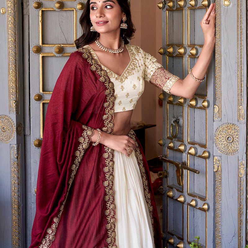 Off White Color Zari Weaving Work Lace Border Vichitra Silk Lehenga Choli