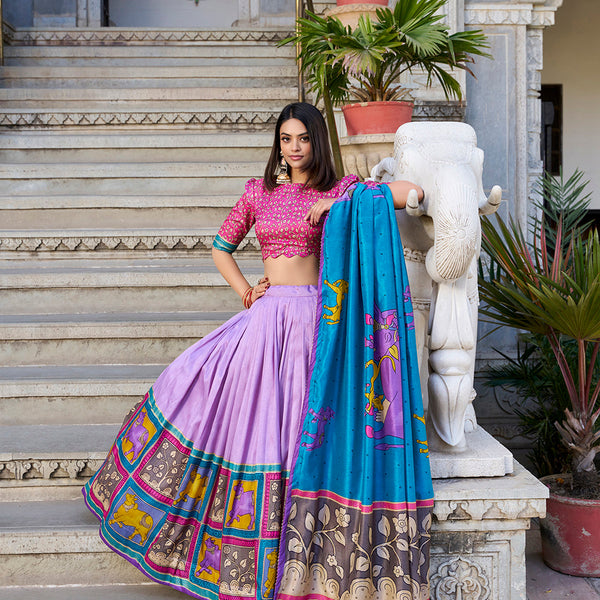 Lavender Color Kalamkari With Foil Work Tasar Silk Lehenga Choli