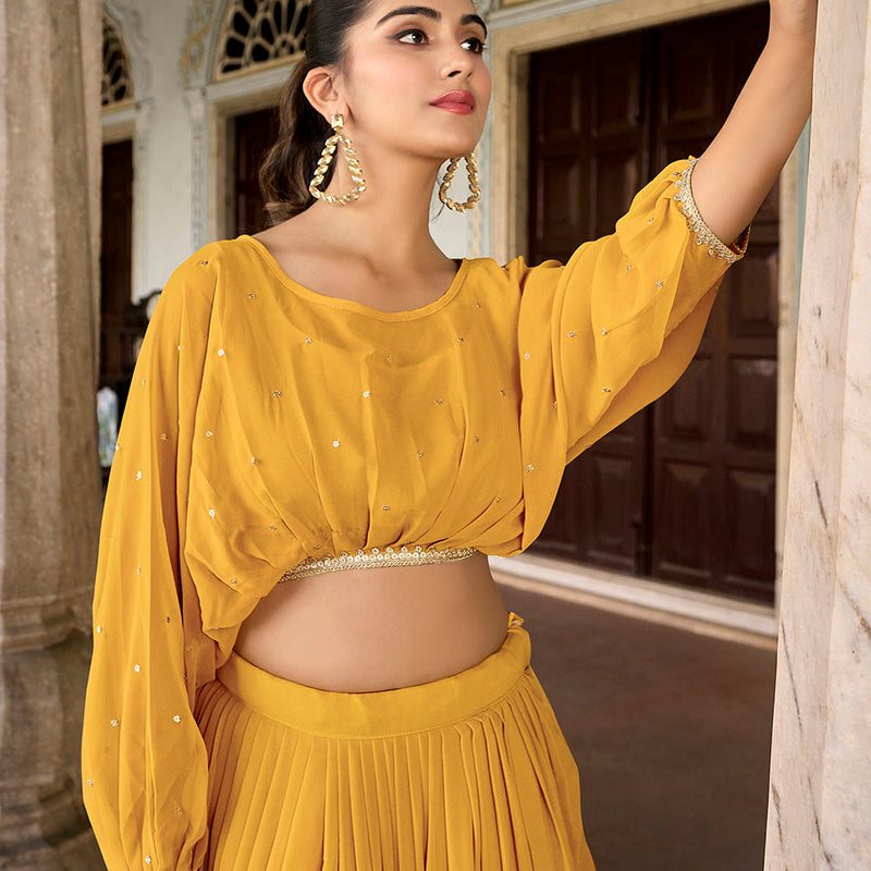 Mustard Color Sequins And Thread Embroidery Work Georgette Co-ord Set Lehenga Choli