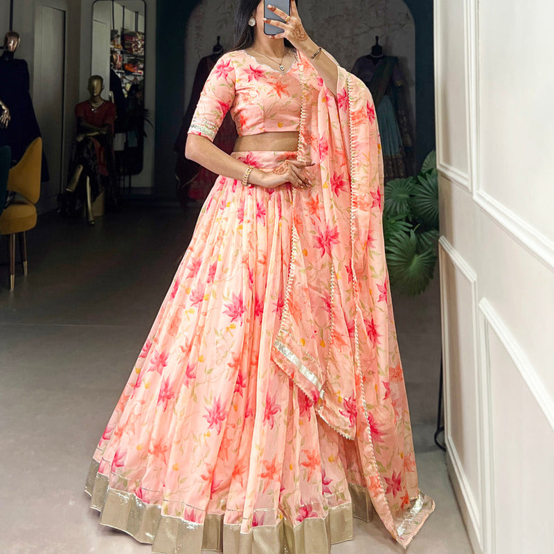 Peach Color Floral Print With Lace Border Tabby Silk Lehenga Choli