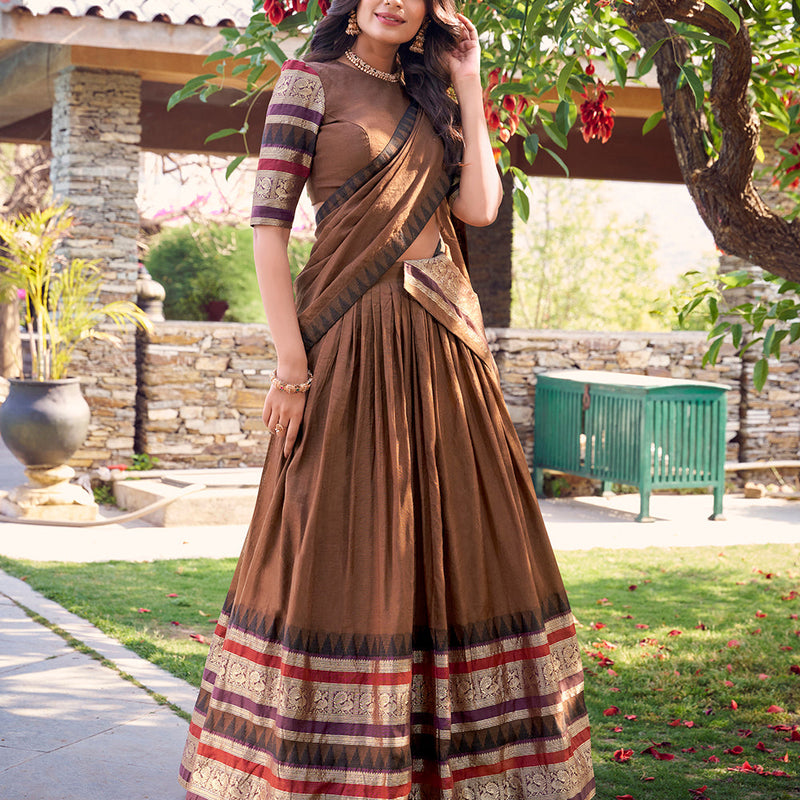 Brown Color Plain With Zari Weaving Work Chanderi Silk Lehenga Choli