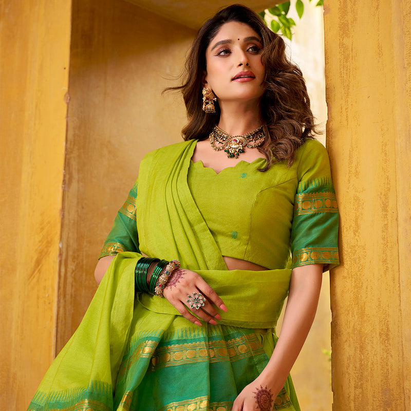 Parrot Color Zari Weaving Work Chanderi Lehenga Choli