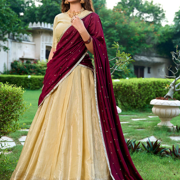 Cream Color Zari Weaving Work Kanchipuram South Indian Lehenga Choli